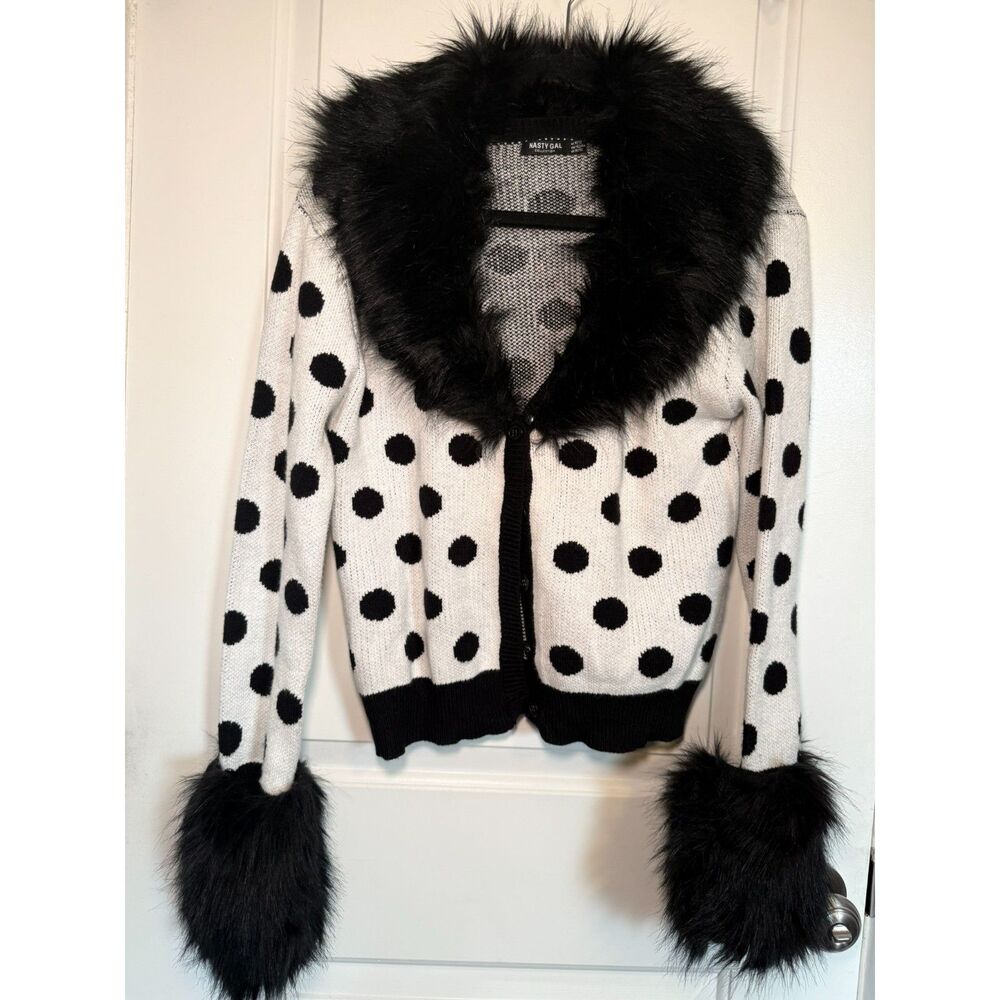 Nasty Gal Polka Dot Faux Fur Collar & Cuffs Cardigan Sweater Y2K Glam Cruella